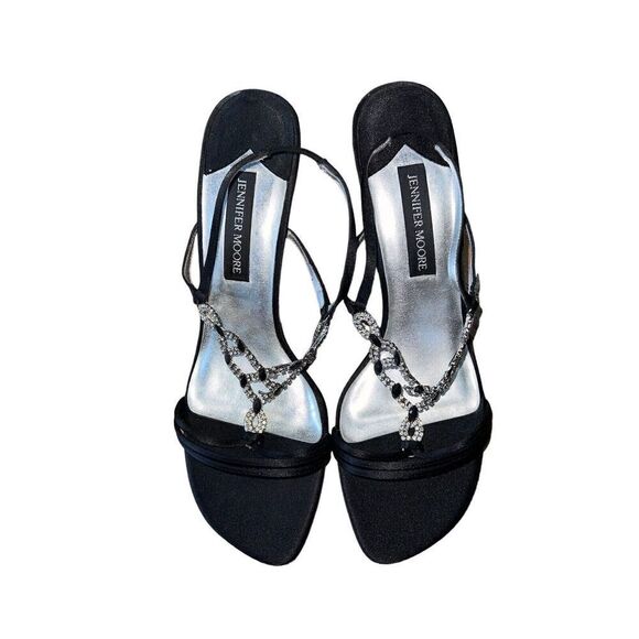 Jennifer Moore Onyx Black - Black Slingback - Jeweled Open Toe Heels Wmns Sz 10 - Picture 4 of 12